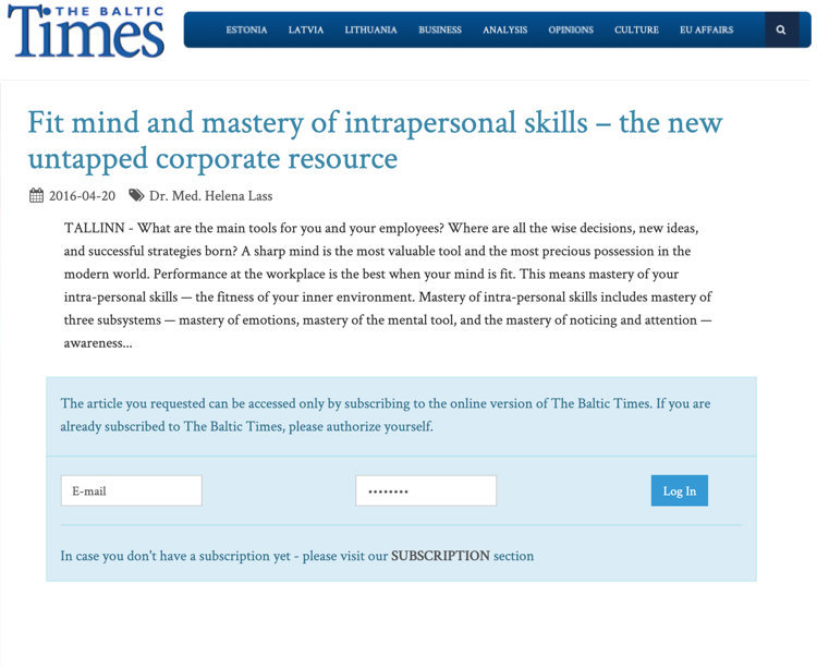 Fit mind and mastery of intrapersonal skills – the new untapped corporate resource in The Baltic Times